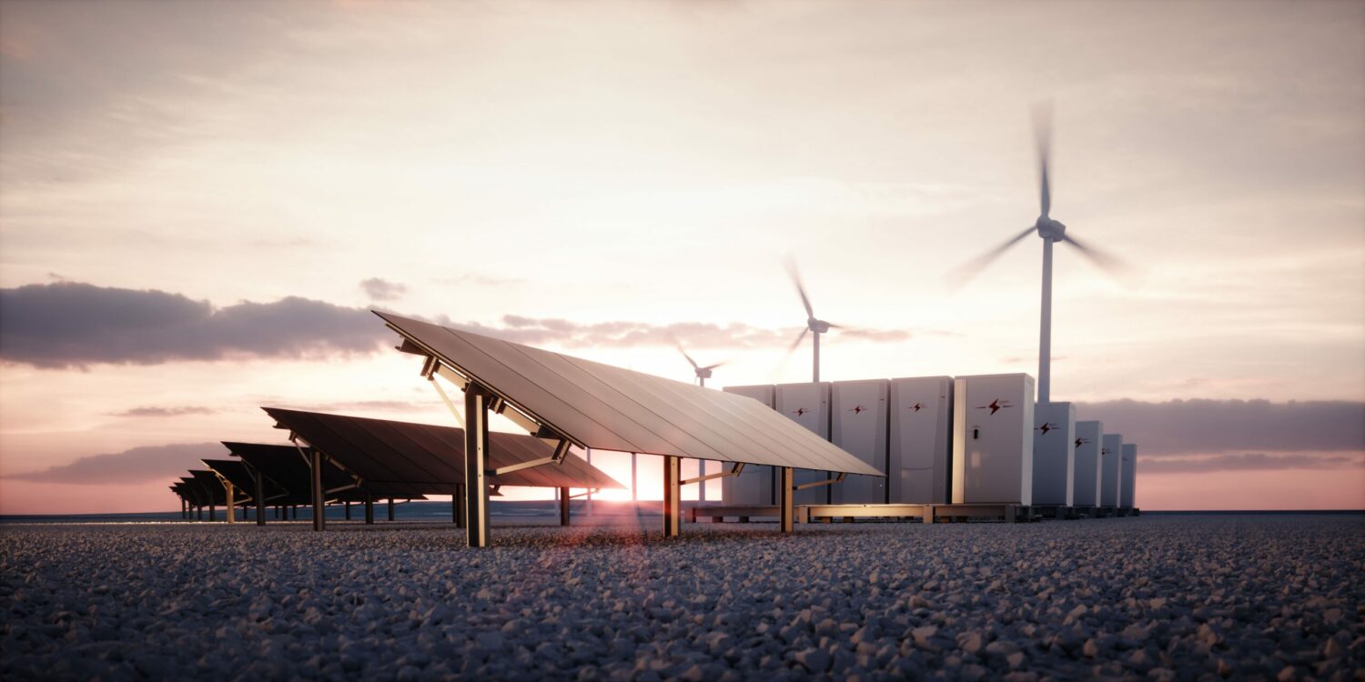 Parque de energia renovável com placas de energia solar e postes de energia eólica